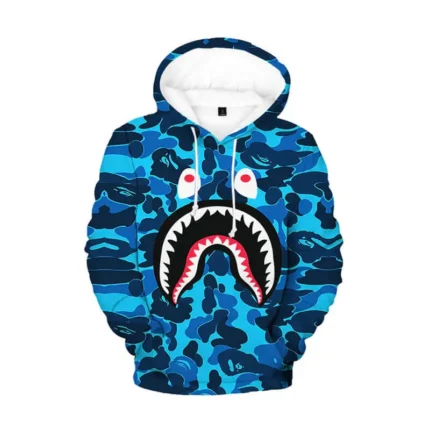 Long Sleeve 3D Printed Bape Shark Hoodie Blue